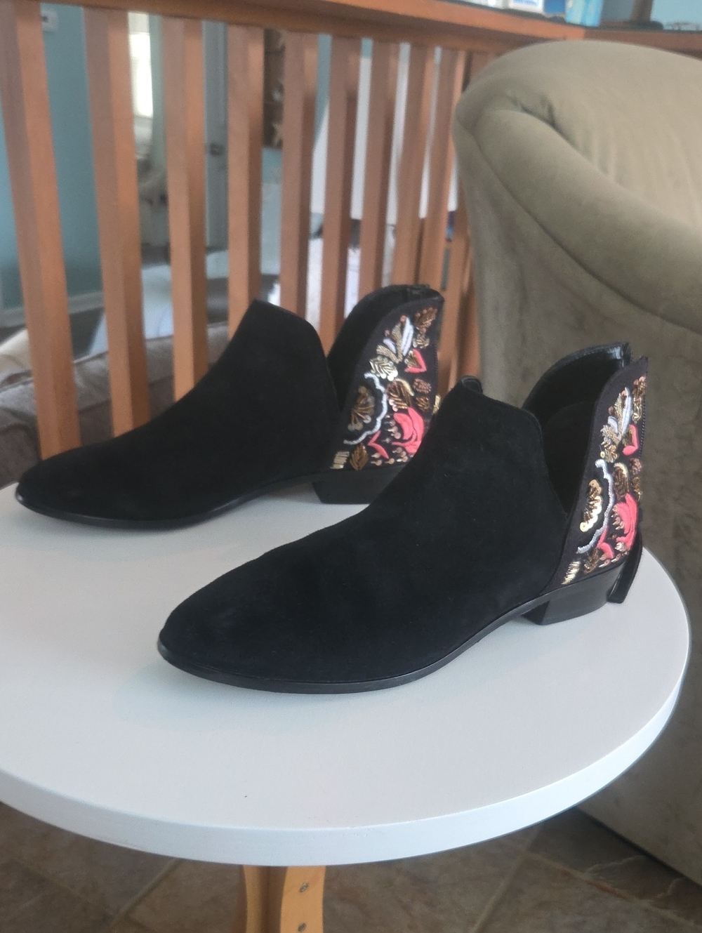 Kenneth Cole Reaction Black Suede Ankle Boots with Floral Embroidered Heel